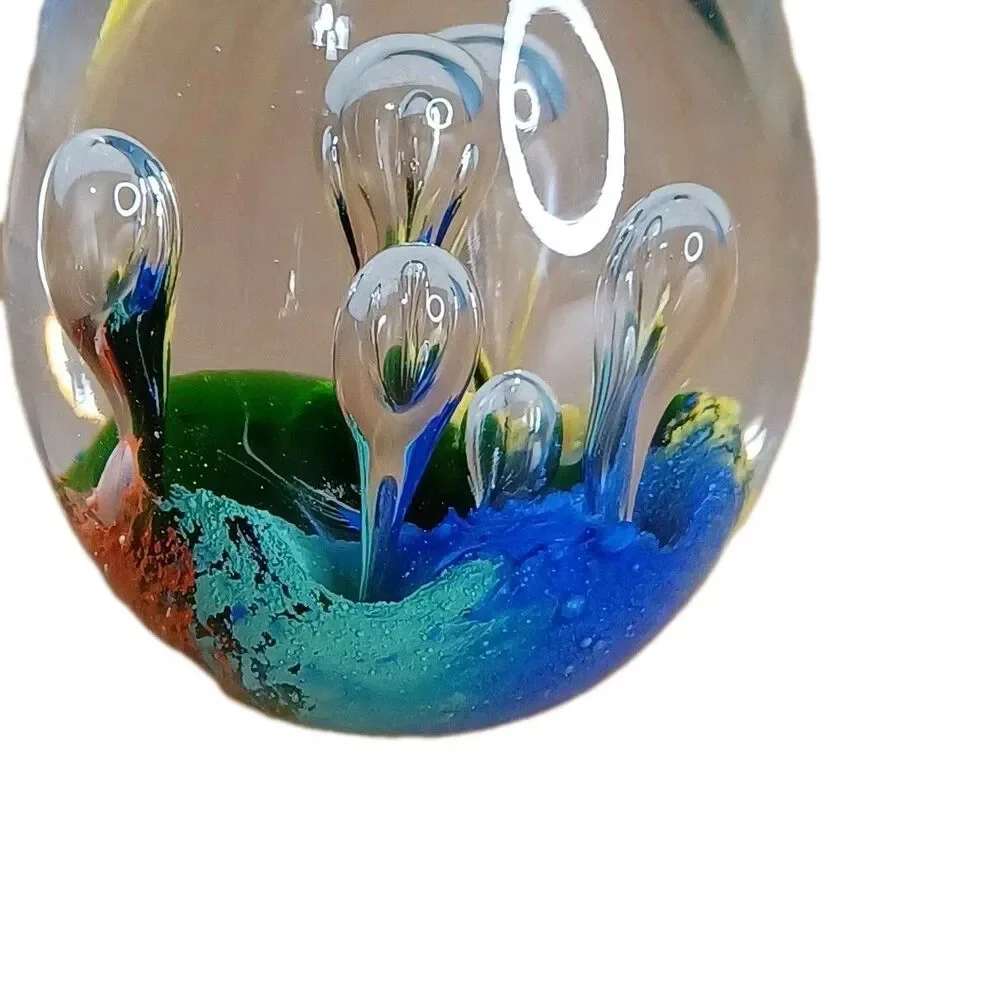 Hand Blown Art Glass Paperweight Controlled Bubbles Blue Multicolor Polished 3”